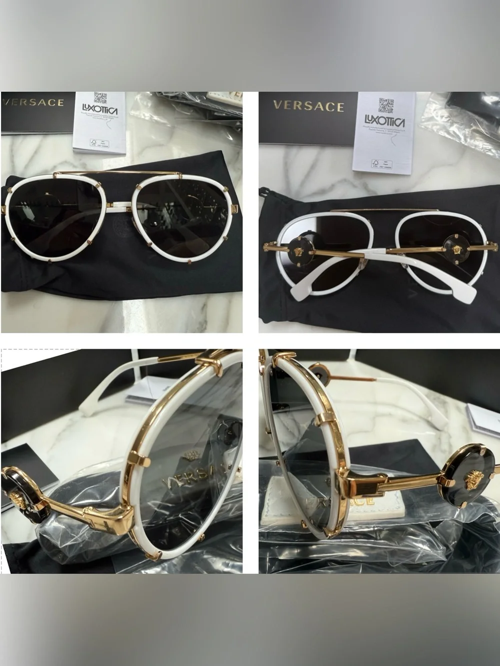 Versace White/Gold Metal Aviator pilot Sunglasses with dramatic logo on temples